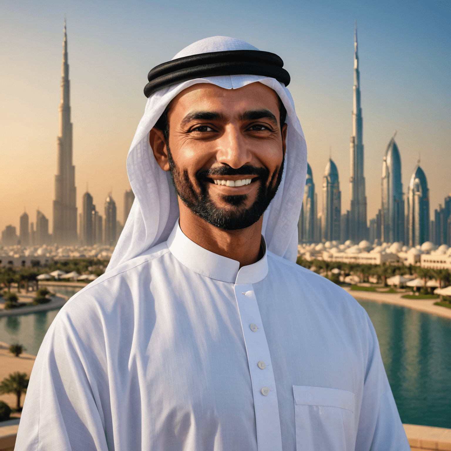 Portrait of Ahmed, a middle-aged man with a friendly smile, wearing a traditional Emirati thobe and ghutra, standing in front of a modern Dubai skyline