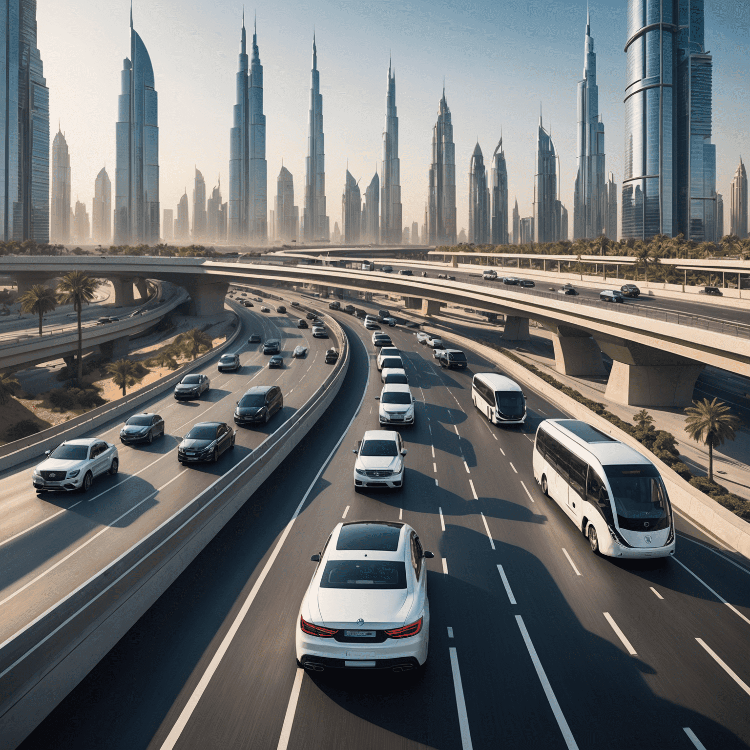 Futuristic Dubai highway with sleek cars and modern public transport vehicles, showcasing advanced transport infrastructure in UAE