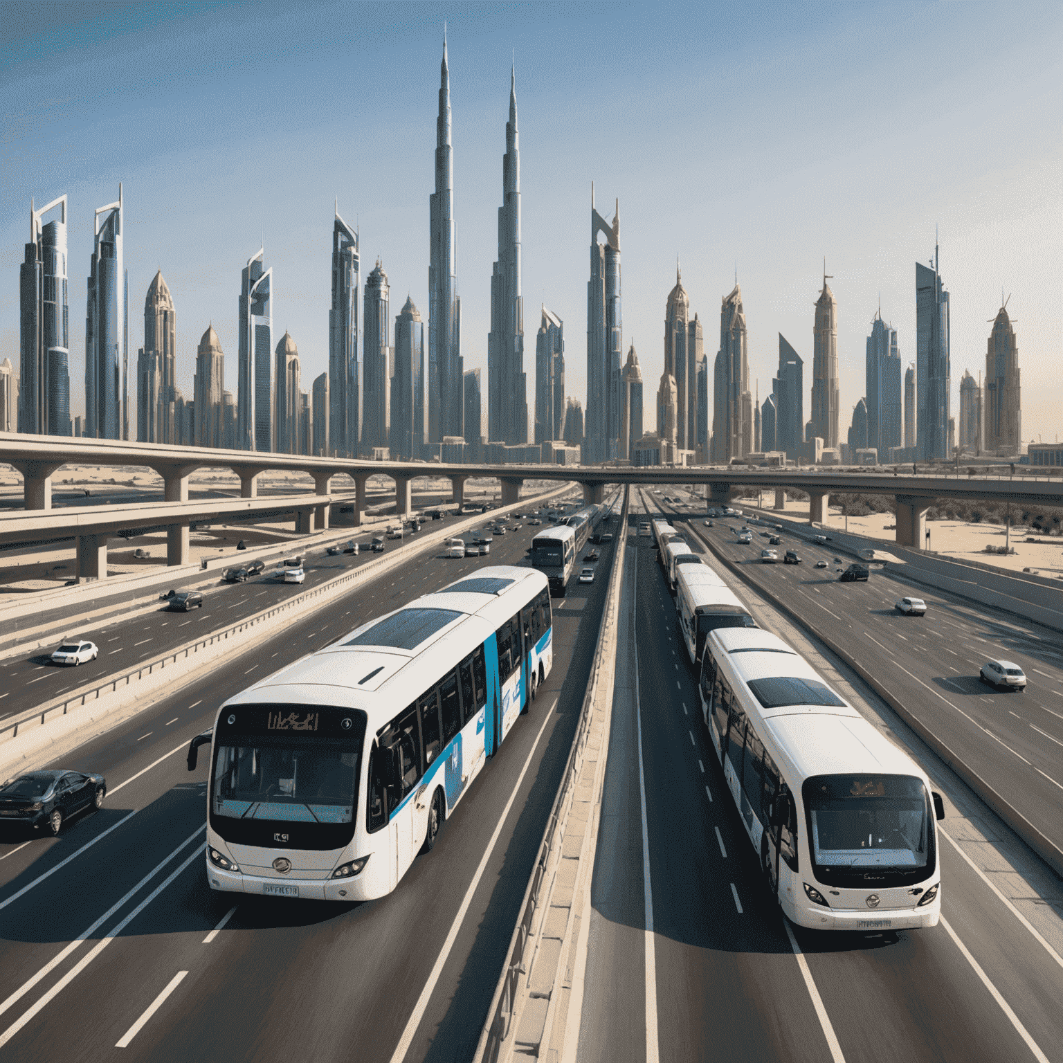 Collage of various transport modes in UAE including metro, bus, and cars on a modern highway with Dubai skyline in the background