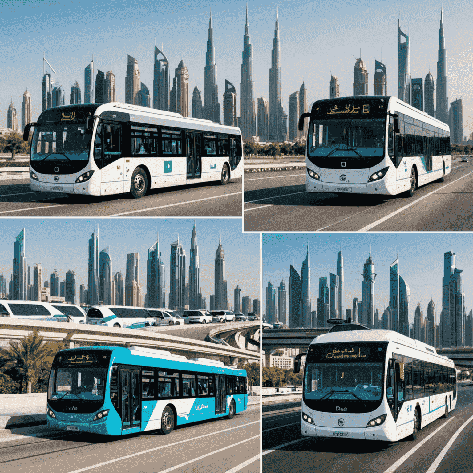 A collage showing various modes of transport in UAE including Dubai Metro, RTA buses, and Careem cars against the backdrop of Dubai skyline