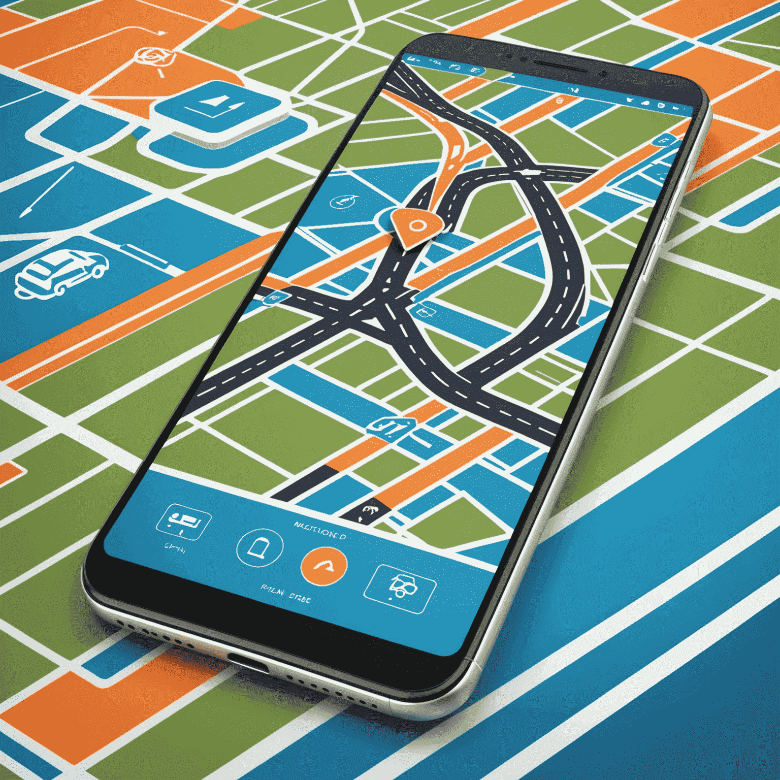 A dynamic illustration showing a smartphone with a road plan app open, surrounded by geometric patterns representing roads and movement in vibrant colors of blue, green, and orange