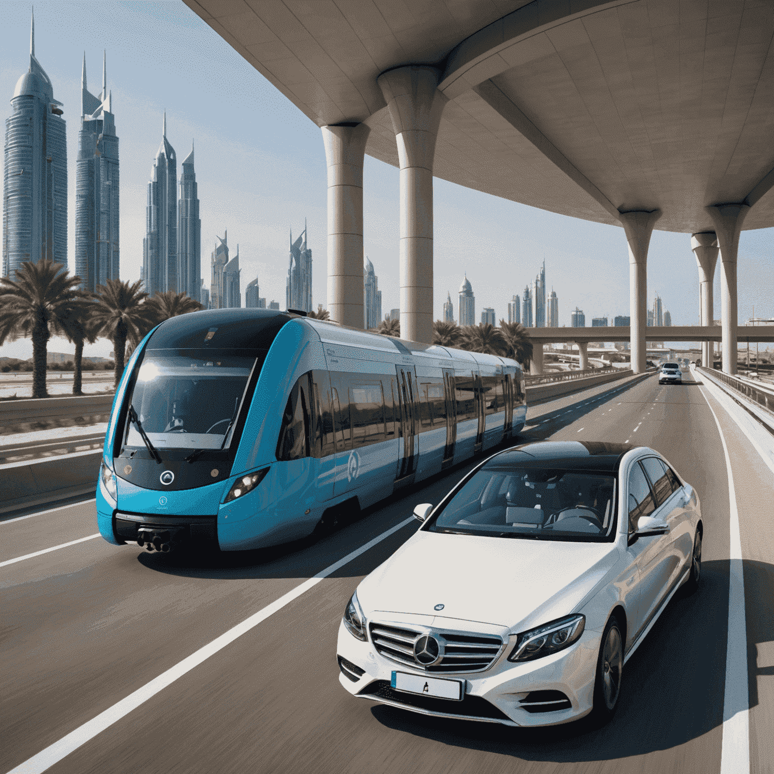 A split image showing a modern Dubai metro train on one side and a luxury car on a UAE highway on the other, symbolizing the comparison between public and private transport options