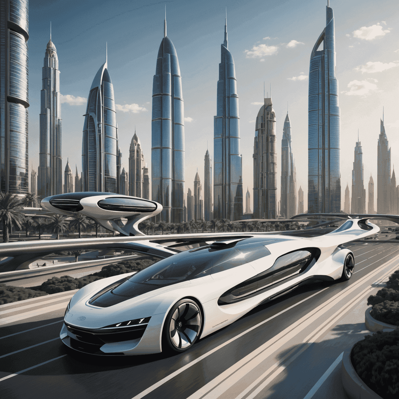 Futuristic Dubai skyline with advanced transport systems, including flying taxis, hyperloop, and smart roads