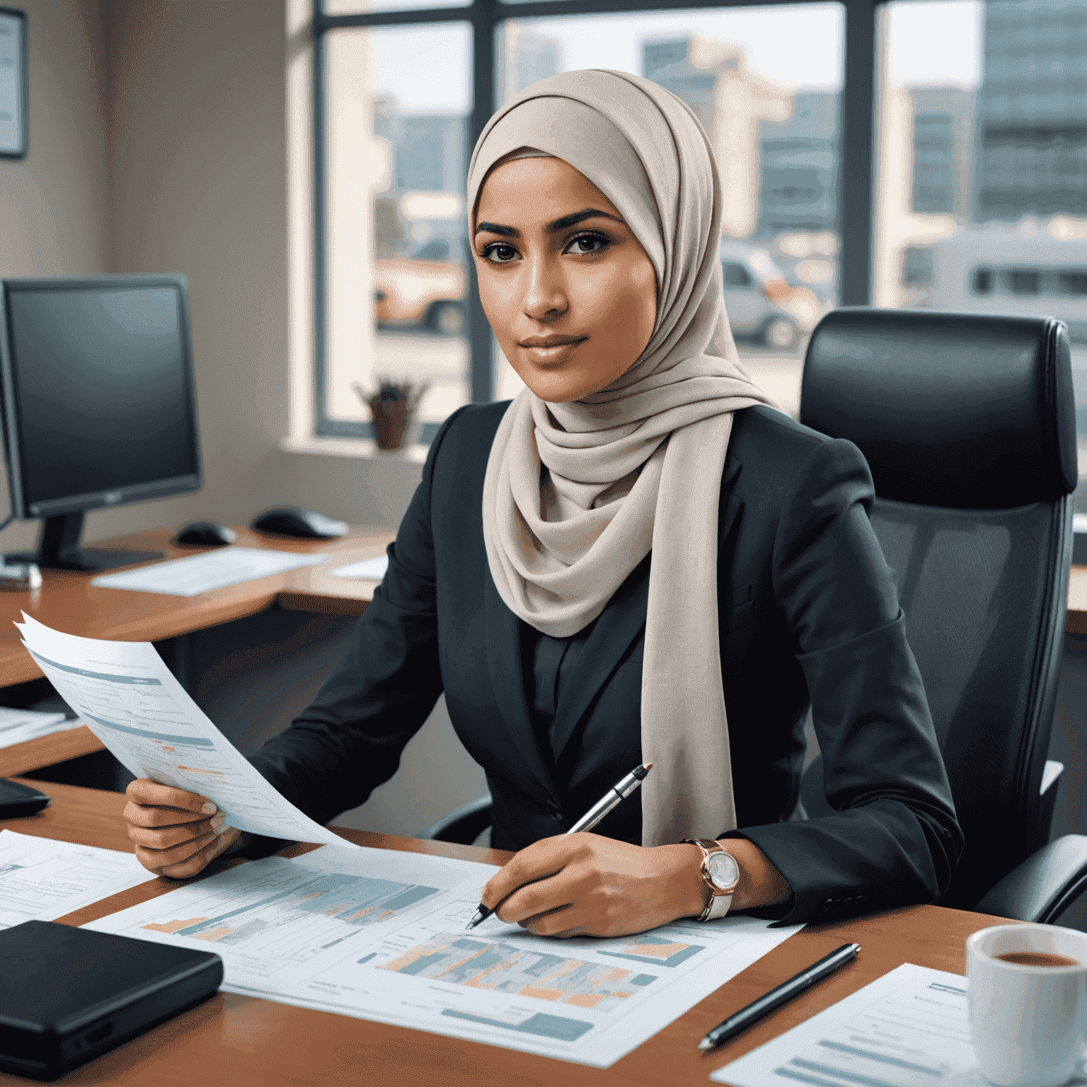 Portrait of Fatima, a young woman with a confident expression, wearing a hijab and modern business attire, seated at a desk with transport planning documents