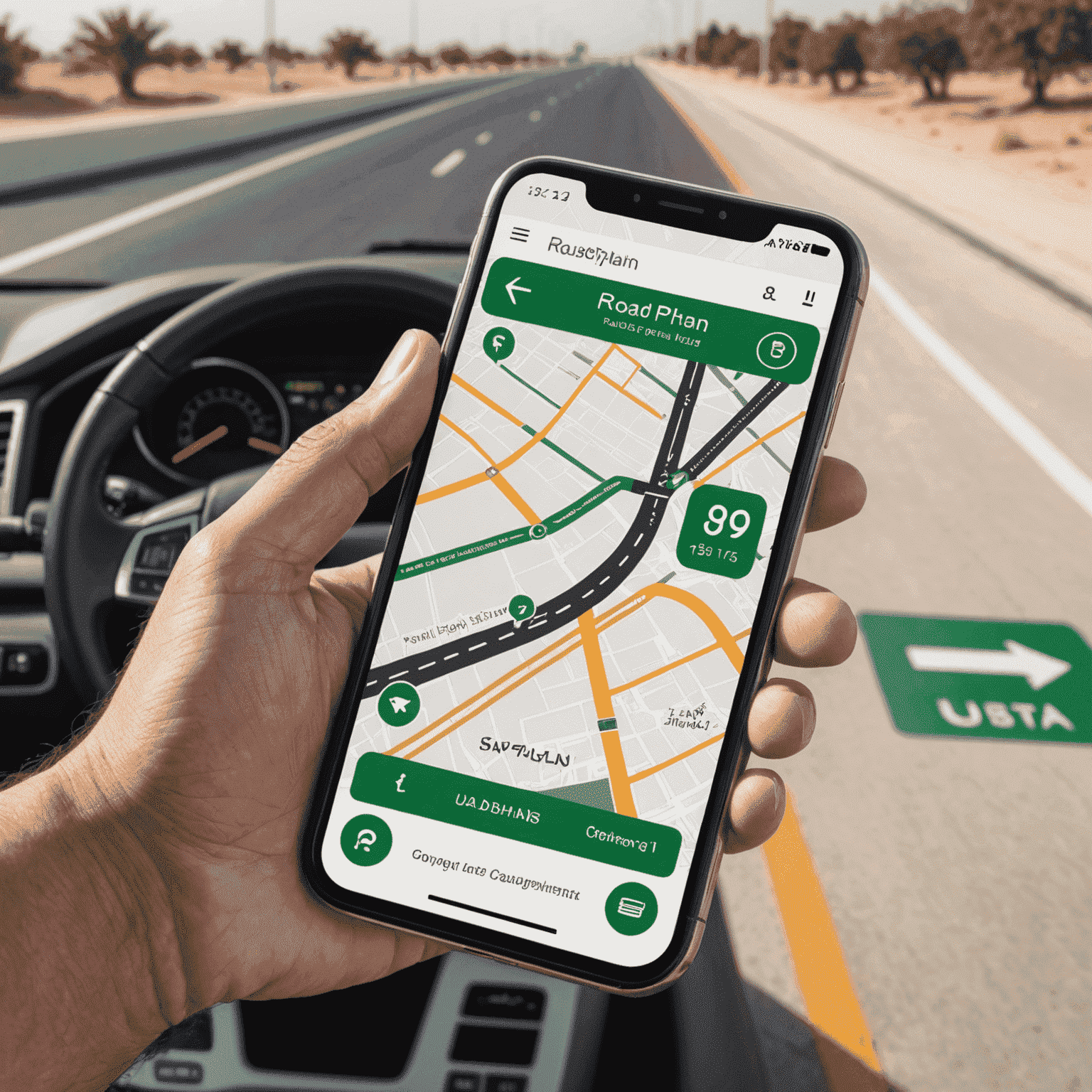 Smartphone displaying a road plan top-up app interface with UAE currency and a road in the background