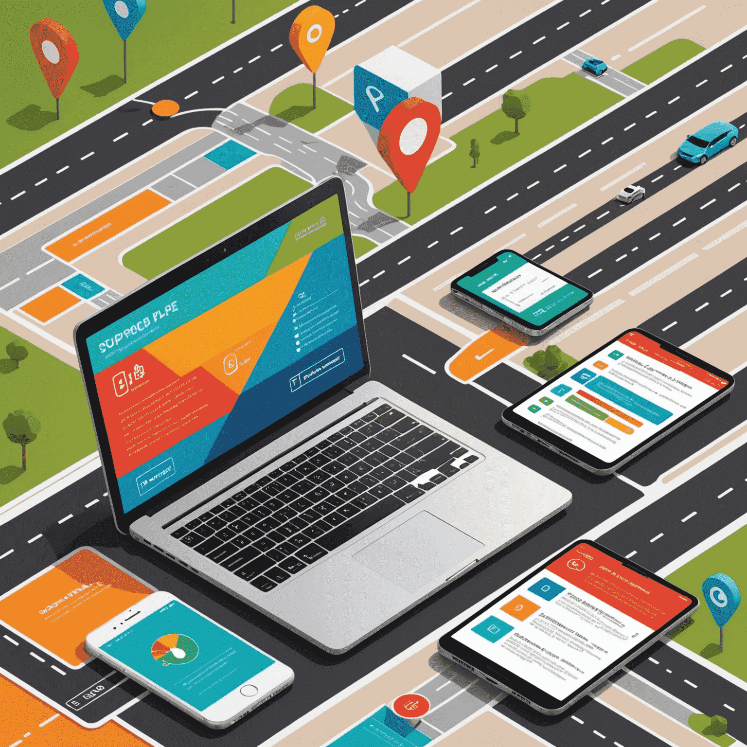 A colorful infographic showing both a laptop and a smartphone with step-by-step visual instructions for topping up road plans, using bold geometric shapes in the background