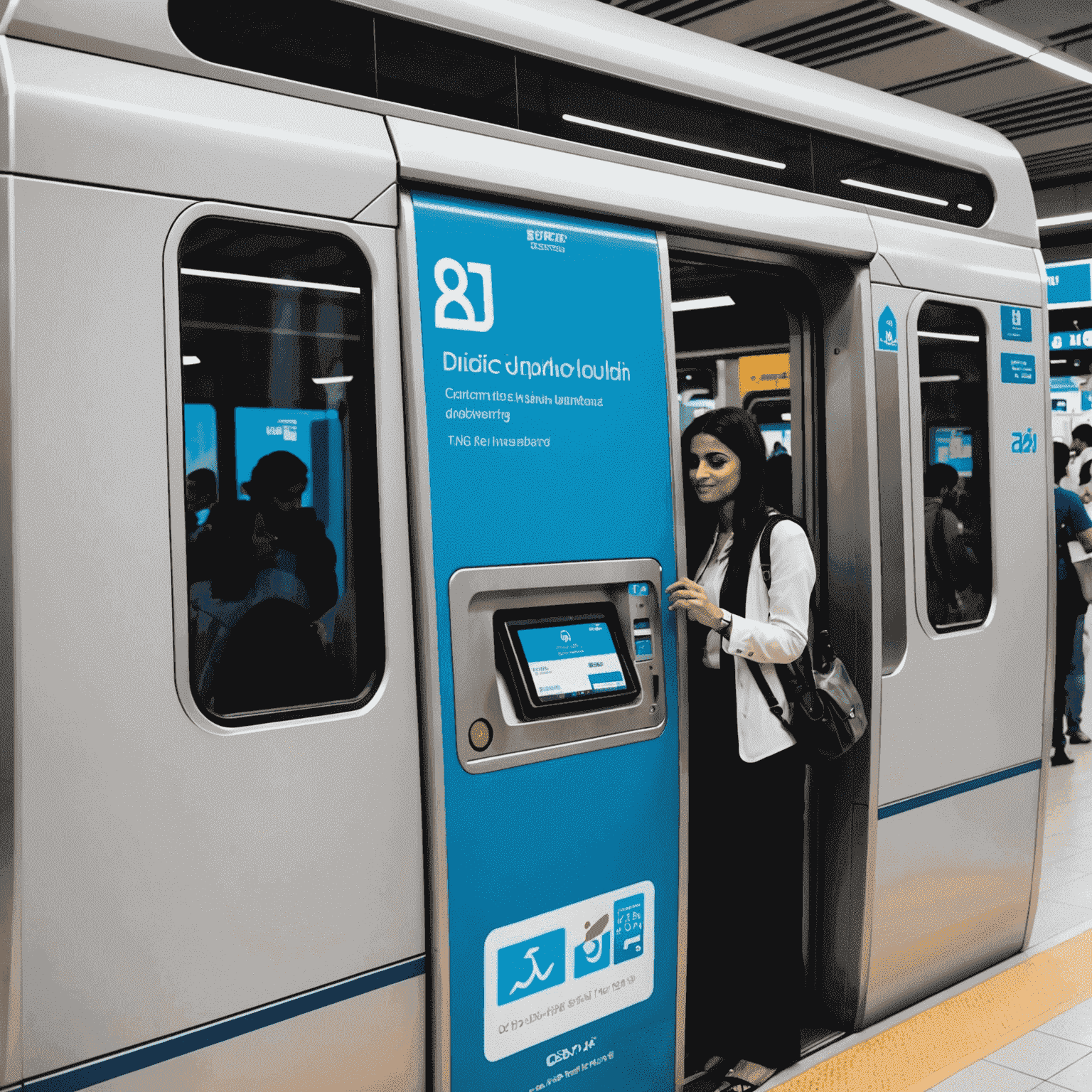 Dubai Metro train with passengers using different types of Nol cards