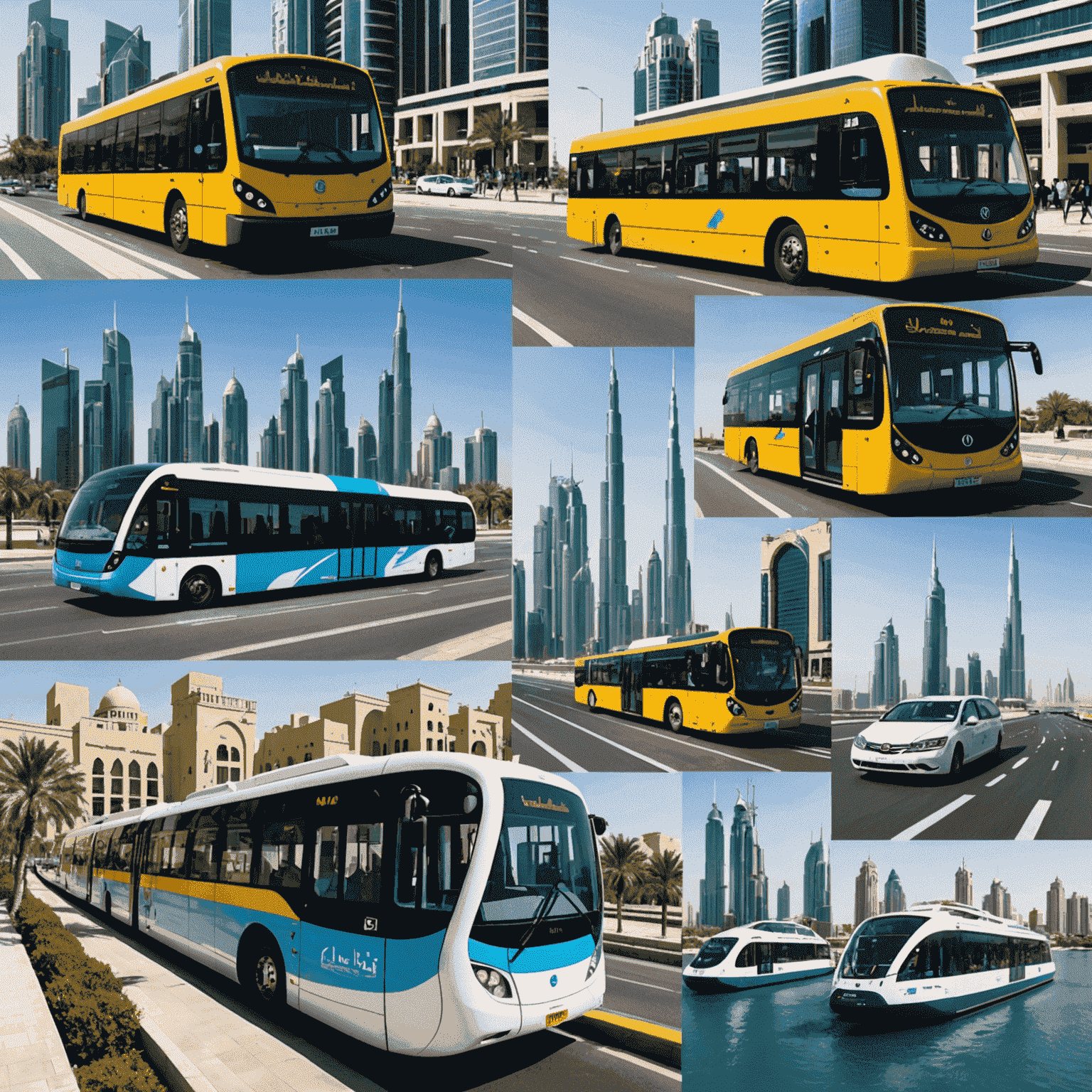 A collage of UAE public transport options including Dubai Metro, buses, and water taxis, showcasing the diversity of public transport plans