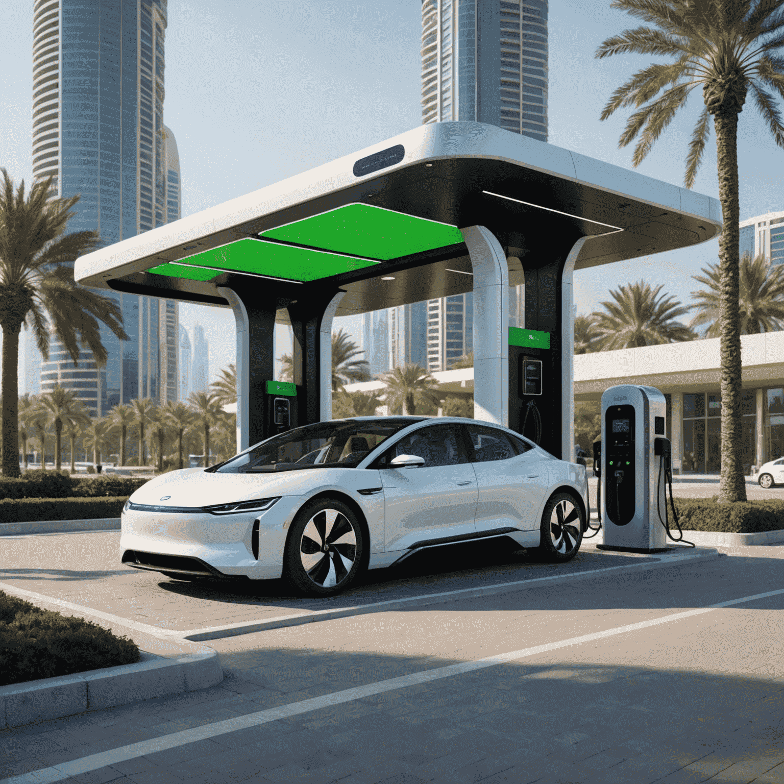 Electric and hydrogen-powered vehicles at a futuristic charging station in Dubai, with solar panels and green spaces