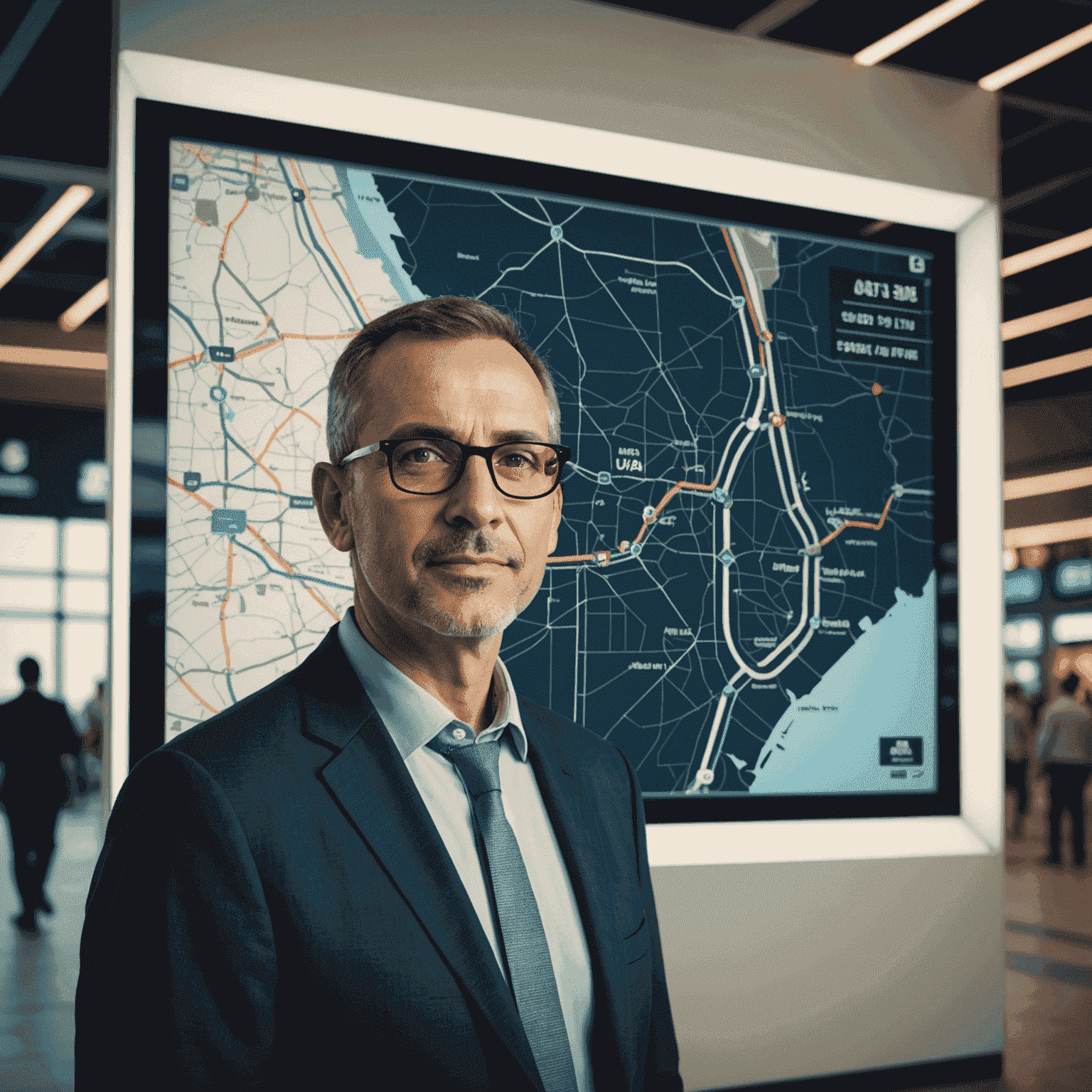 Portrait of John, a middle-aged man with glasses, wearing a casual business outfit, standing next to a large touchscreen displaying UAE road network