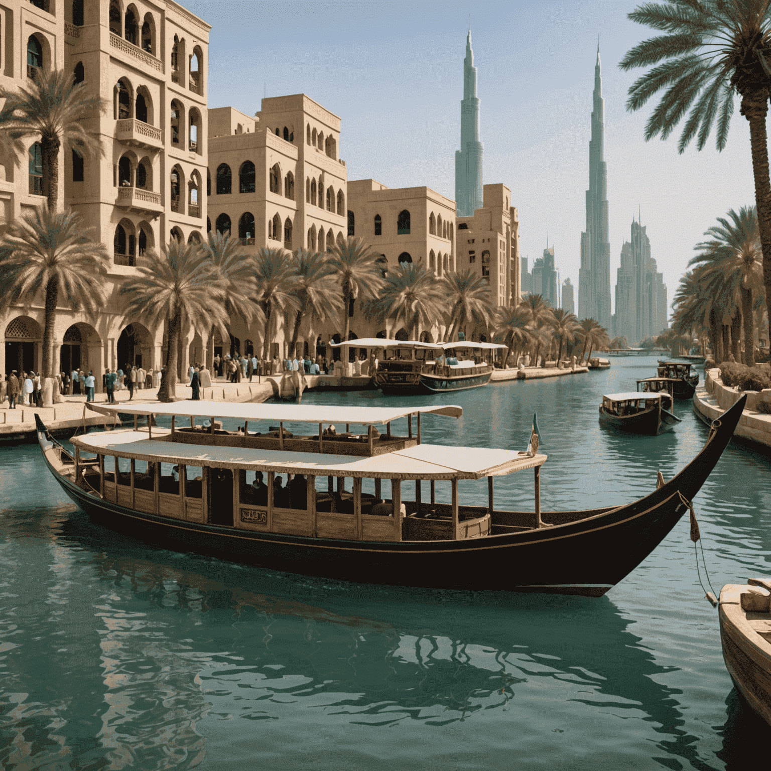 Dubai's water bus and traditional abra on the creek, showcasing marine transport options