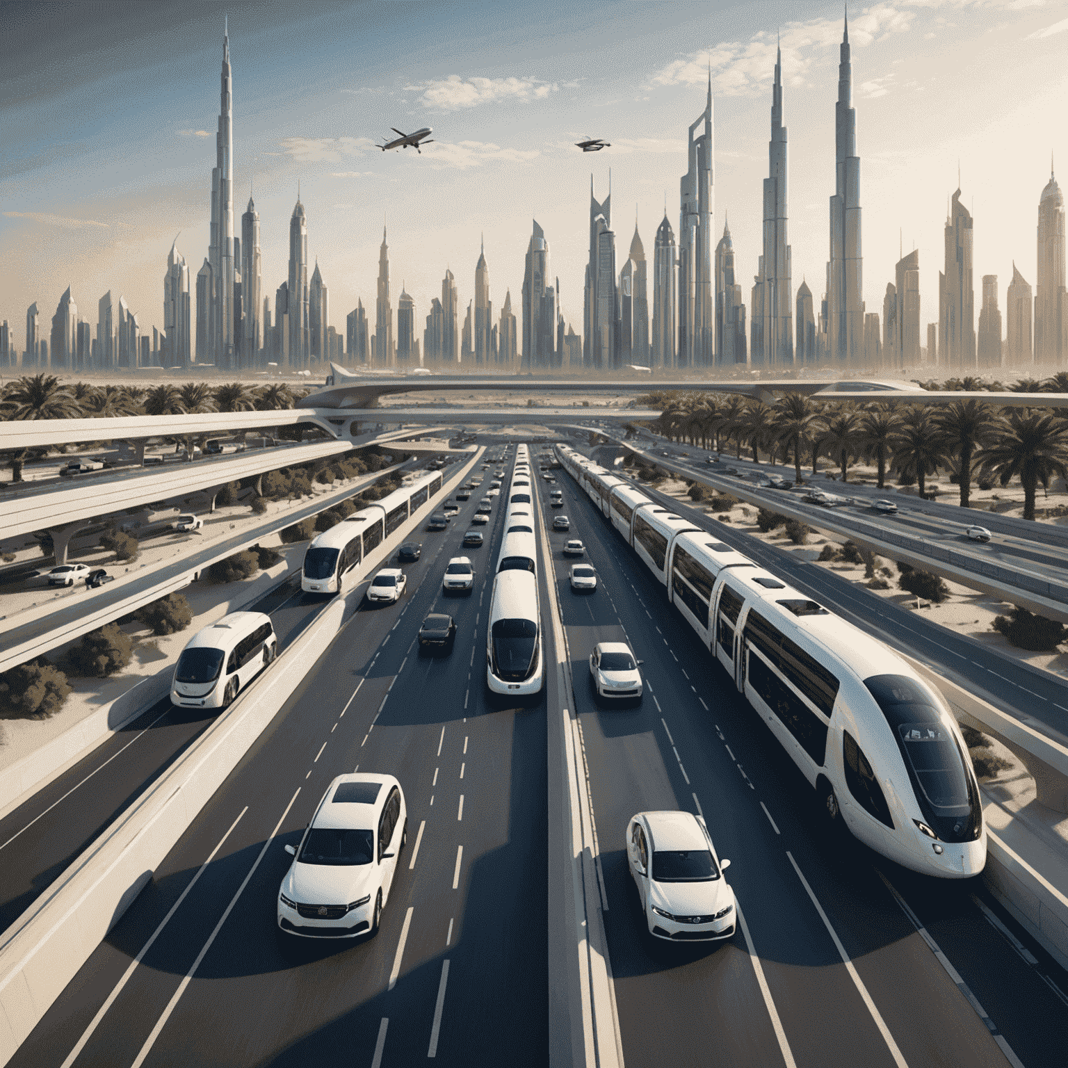 A futuristic render of UAE's transport landscape, showing integrated public transport systems alongside autonomous vehicles, representing the future of transport plans in the region