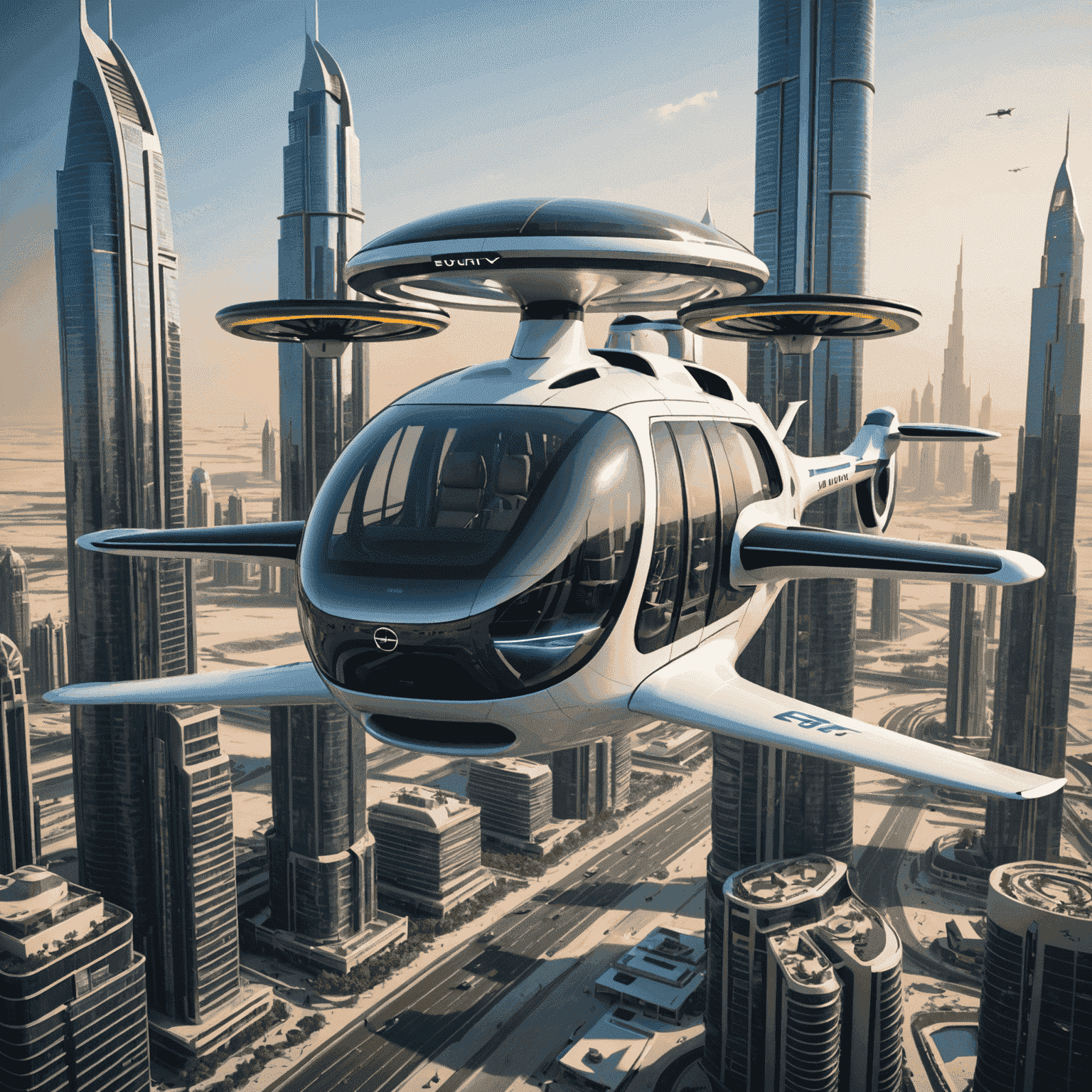 Concept art of flying taxis operating in Dubai, with vertiports integrated into skyscrapers