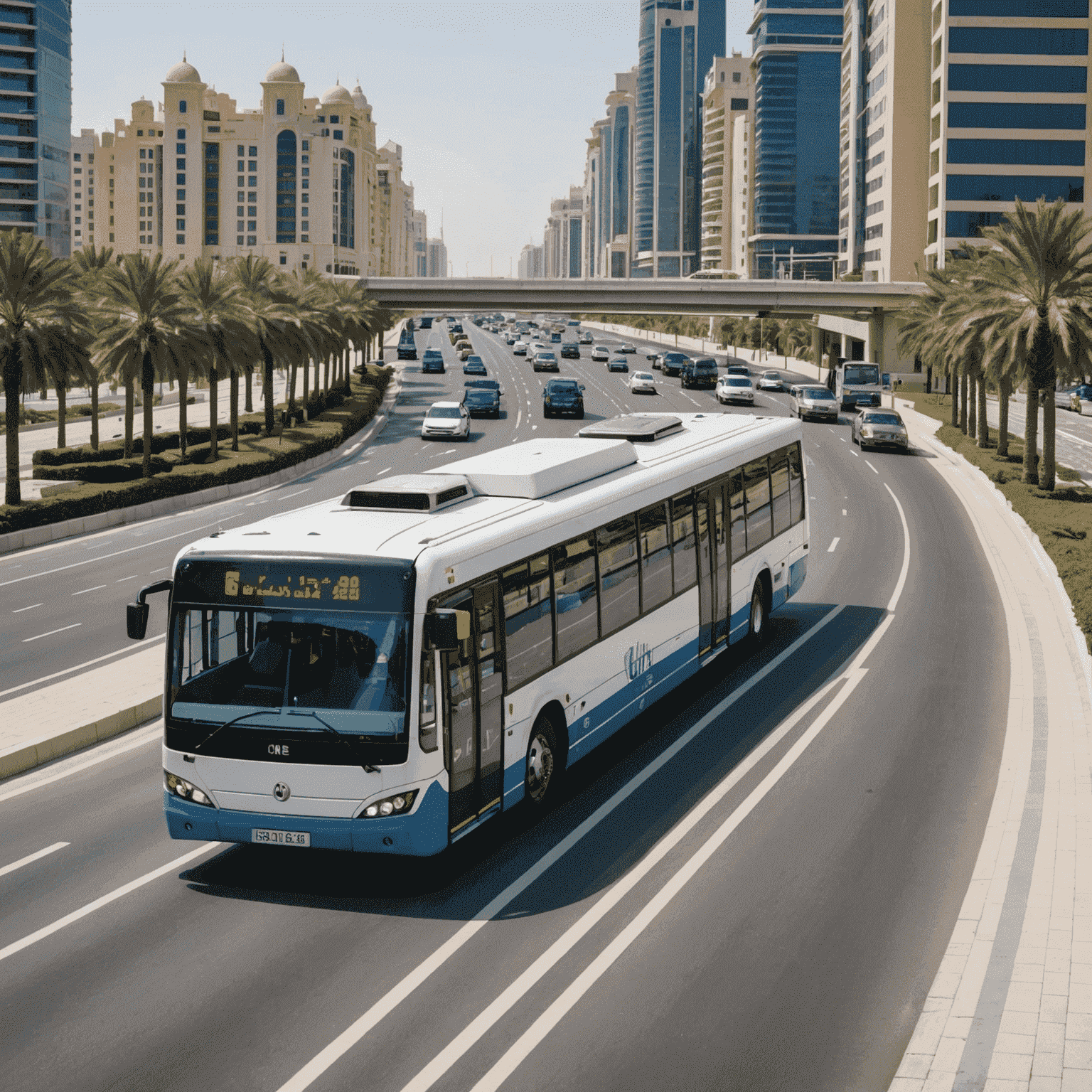 Split image comparing public transport (bus and metro) with private cars on UAE roads