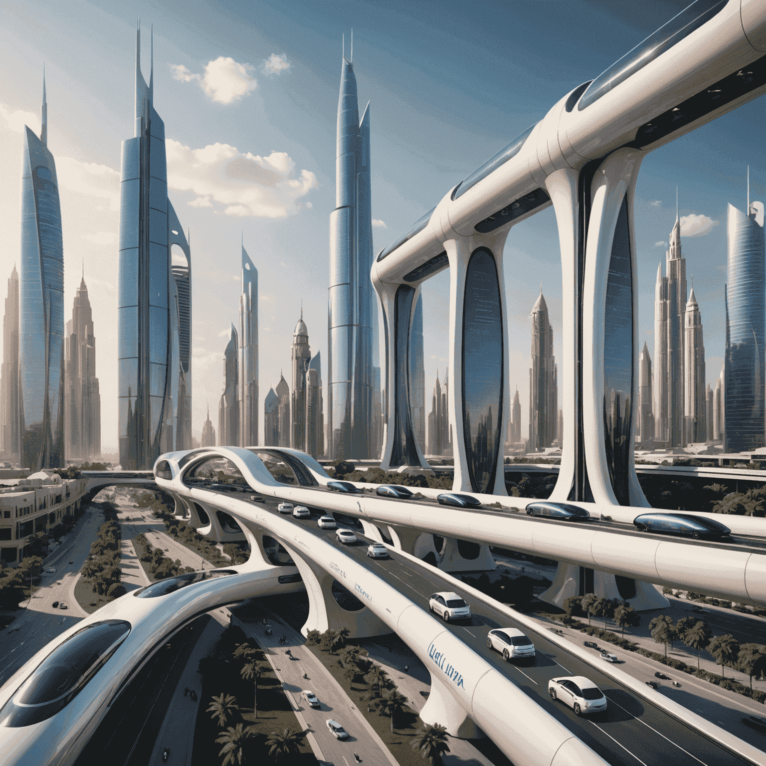 Futuristic render of UAE cityscape with advanced transport systems like hyperloop and flying taxis